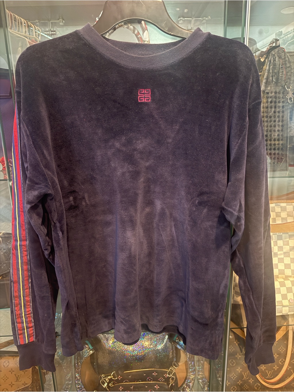 Givenchy Vintage Velour 1980’s Navy Crewneck Top With Contrasting Logo